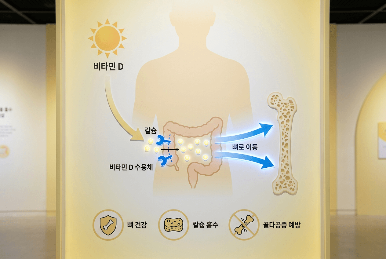 비타민 D가 칼슘 흡수를 돕고 흡수된 칼슘이 뼈로 이동해 뼈 건강과 골다공증 예방에 도움을 주는 과정을 설명한 인포그래픽