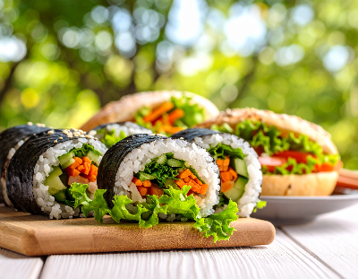 채소가 풍부하게 들어간 김밥과 샌드위치가 나무 도마 위에 놓인 모습
