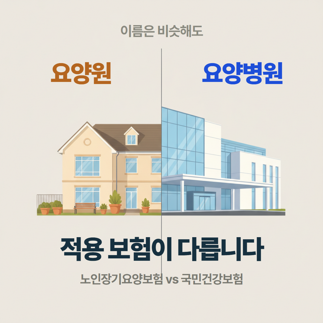 요양원과 요양병원은 적용 보험이 달라 비용이 갈린다는 점을 보여주는 좌우 비교