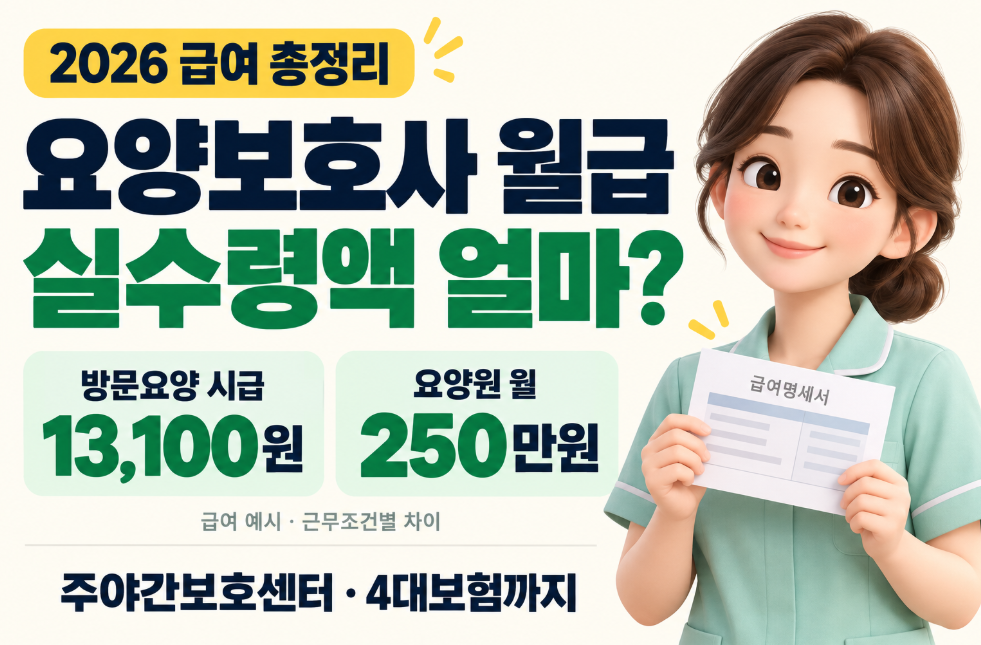 2026 요양보호사 월급 실수령액 얼마? 방문요양 시급 13,100원&middot;요양원 250만원&middot;주야간보호센터 급여&middot;4대보험 총정리