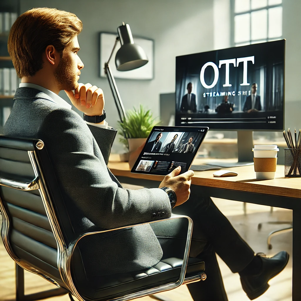 현대적인 사무실에서 태블릿으로 OTT 서비스를 통해 다큐멘터리를 시청하는 젊은 직장인.