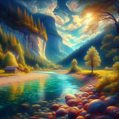 물과 산, 숲이 함께 어우러져 환상적인 자연 풍경을 이루는 장면.