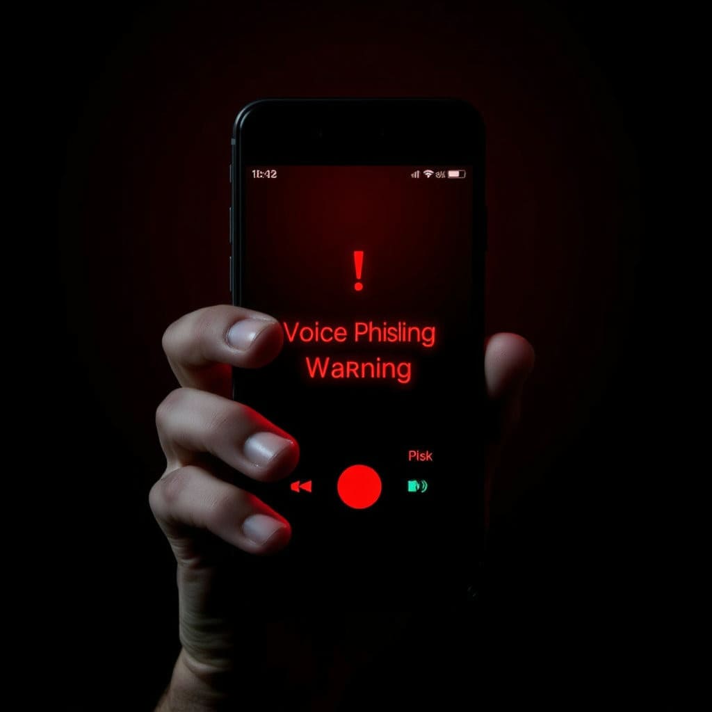 스마트폰으로 위협적인 느낌의 전화나 메시지가 오는 모습을 표현합니다. 어둡거나 긴장감 있는 색조(빨간색, 검은색)를 사용하여 위험을 시각적으로 나타냅니다. 화면 밖으로 뻗어 나오는 손이나 그림자, 또는 경고 표시(느낌표, 해골 등)를 사용하여 위협적인 분위기를 고조시킵니다. 불안해하는 사람의 얼굴 일부를 함께 묘사할 수도 있습니다.