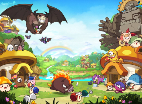 메이플스토리 게임에 등장하는 몬스터들이 서로 장난치며 사이좋게 지내는 그림