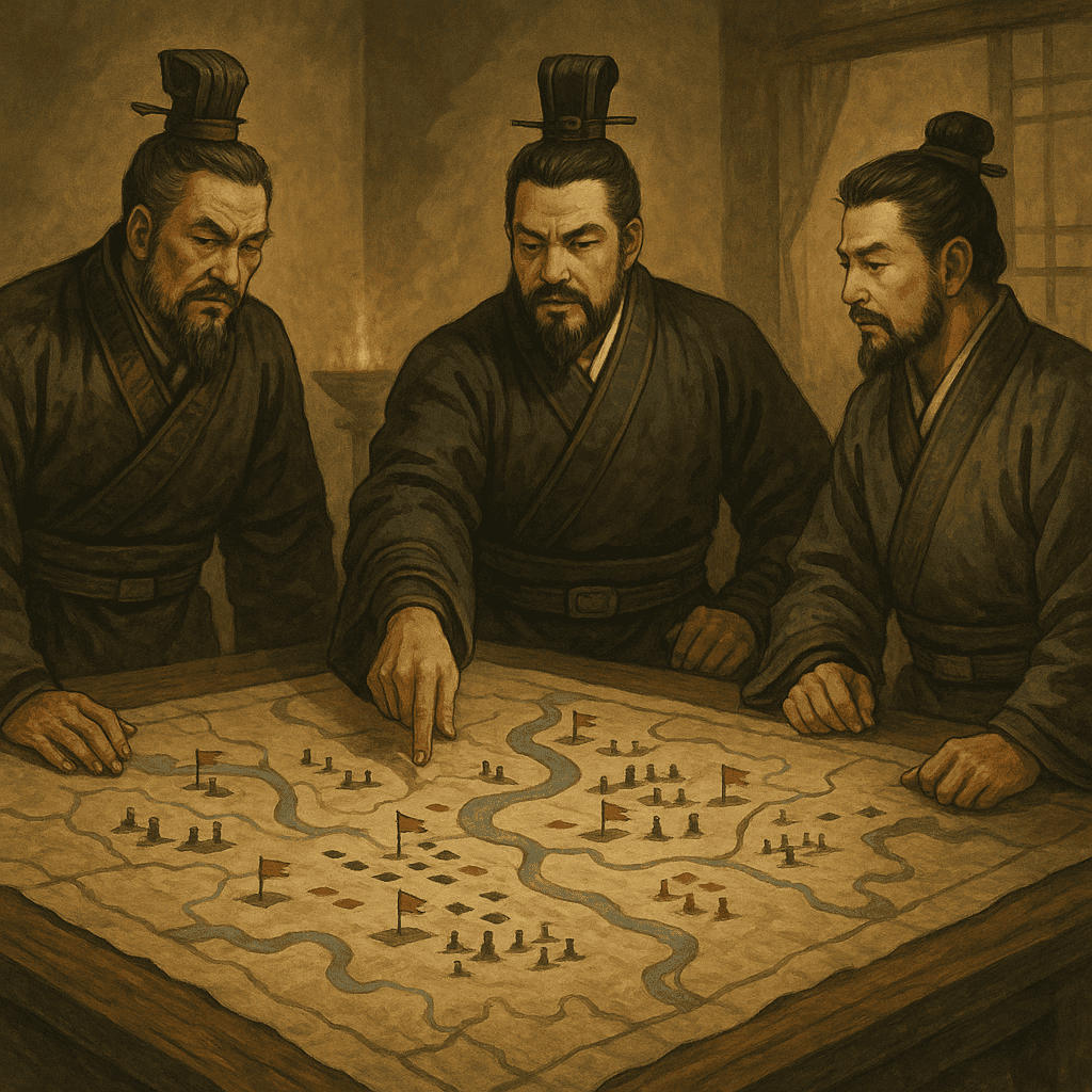 조조, 유비, 손권이 전략 회의를 하는 장면