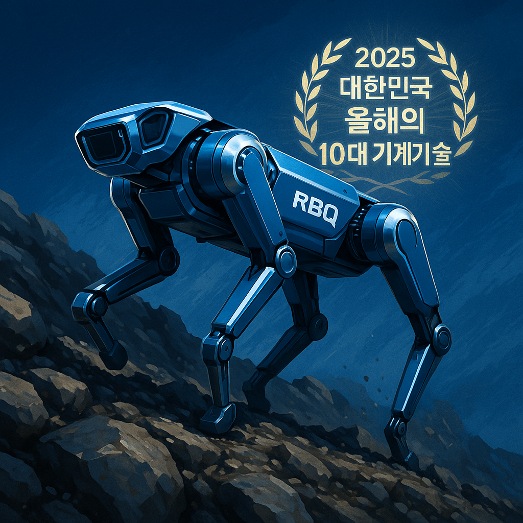 2025년 올해의 기계기술로 선정된 레인보우로보틱스 RBQ 4족보행 로봇이 험난한 바위 지형을 안정적으로 이동하는 모습.