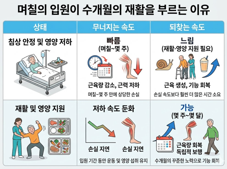 침상 안정과 재활의 시간 비대칭성 비교 표, 며칠의 입원이 수개월 재활을 부르는 근육 손실과 회복 속도 차이
