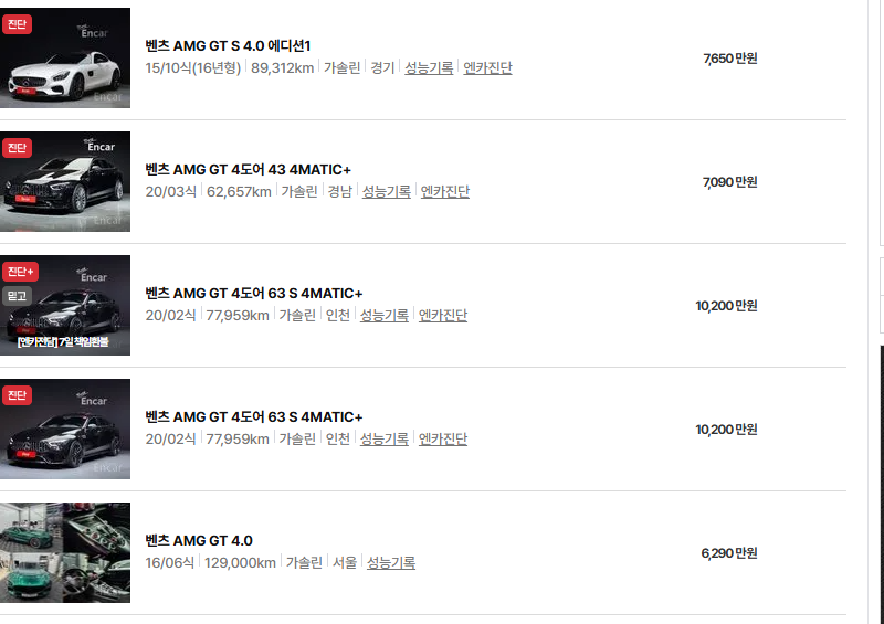 벤츠 AMG GT 43 63 중고차 가격 시세표 유지비