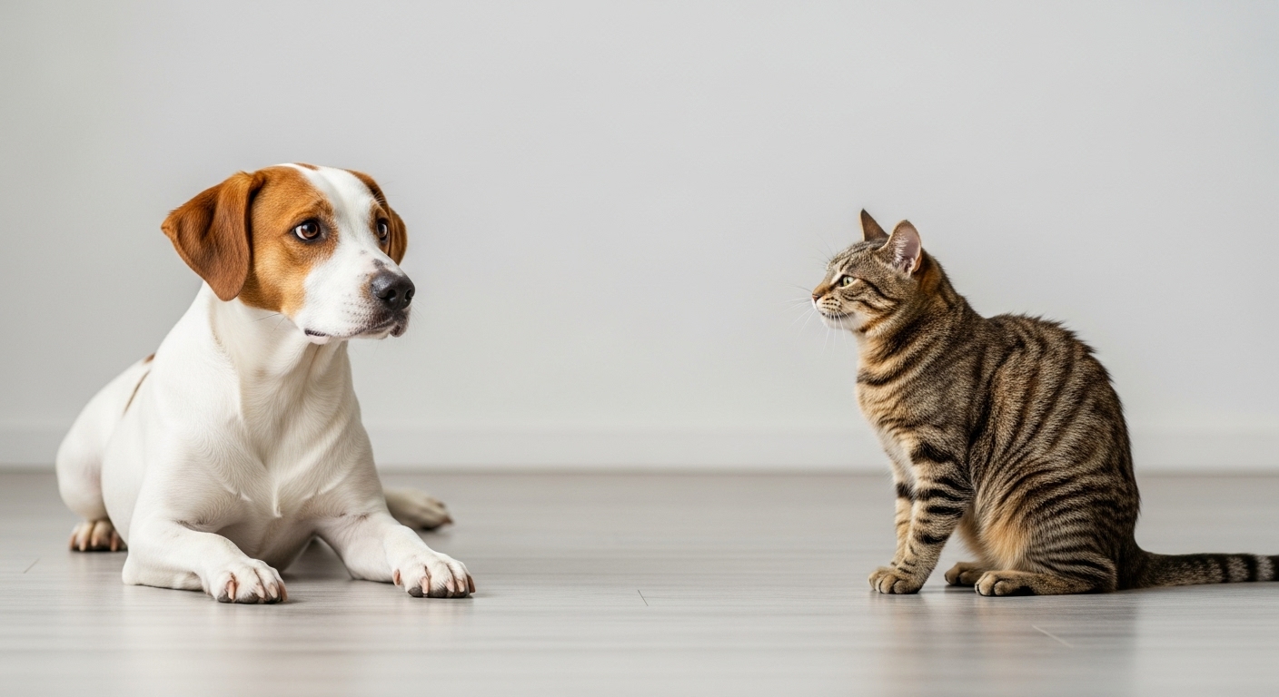 고양이가 등을 세우고 하악질을 하자 강아지가 당황하며 쳐다보는 갈등 상황