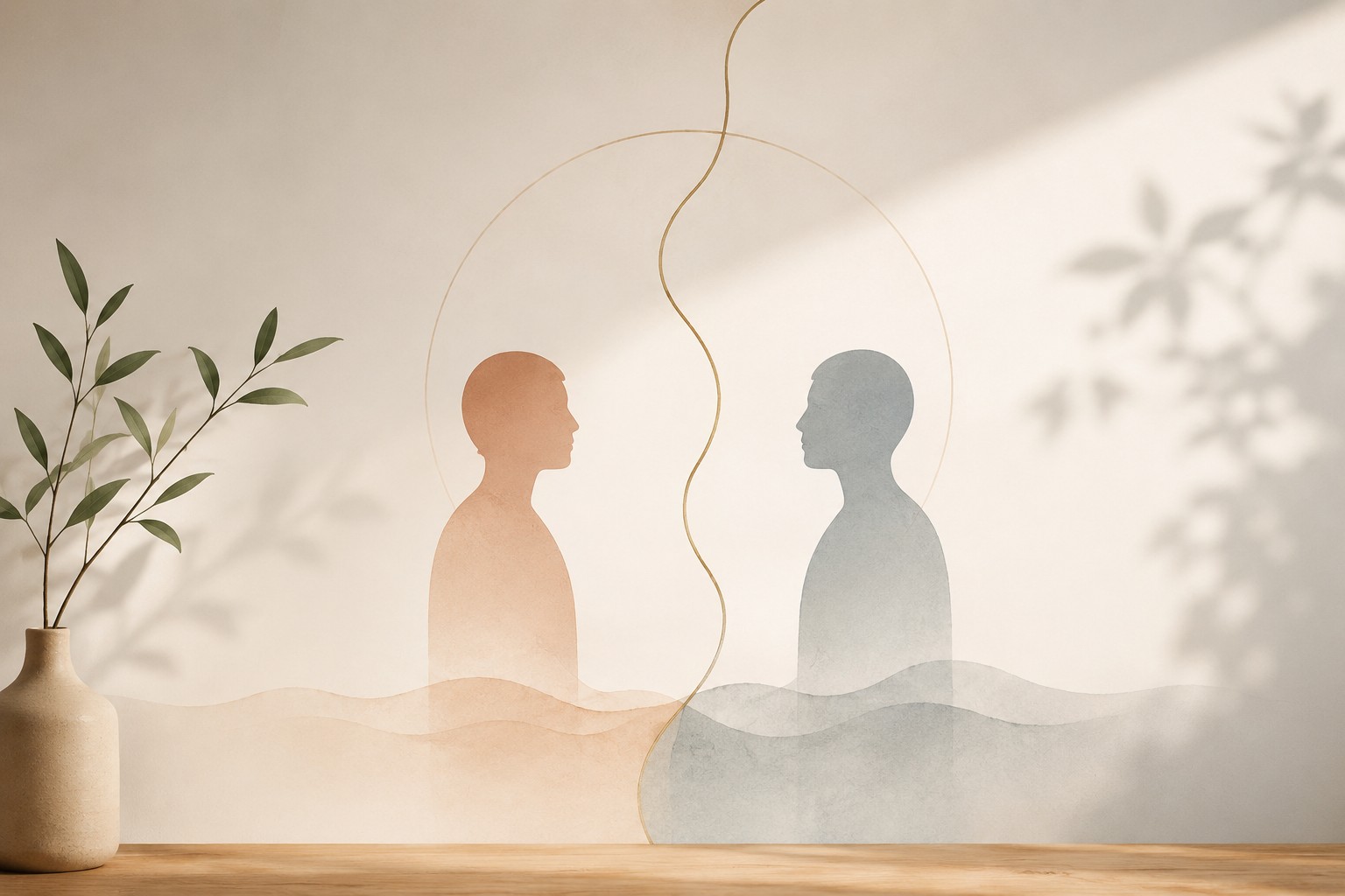 게슈탈트 심리치료의 접촉과 경계를 상징하는 두 사람의 실루엣과 부드러운 경계선 이미지