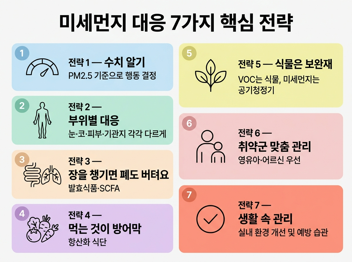 미세먼지 핵심 대응 전략, 황사 대처법 요약, 미세먼지 건강 관리 7가지, 봄철 미세먼지 완벽 가이드