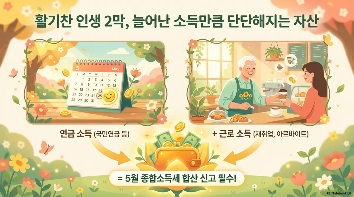 연금소득 종합소득세: 연금소득과 근로소득이 동시에 있으면 5월 종합소득세 합산 신고가 필수라는 내용을 안내하는 이미지. 왼쪽에는 연금 소득을 상징하는 5월 달력이 오른쪽에는 카페에서 일하는 어르신의 근로소득 장면이 그려져 있으며 두 소득을 합산해 종합소득세를 신고해야 한다는 메시지를 전달함 