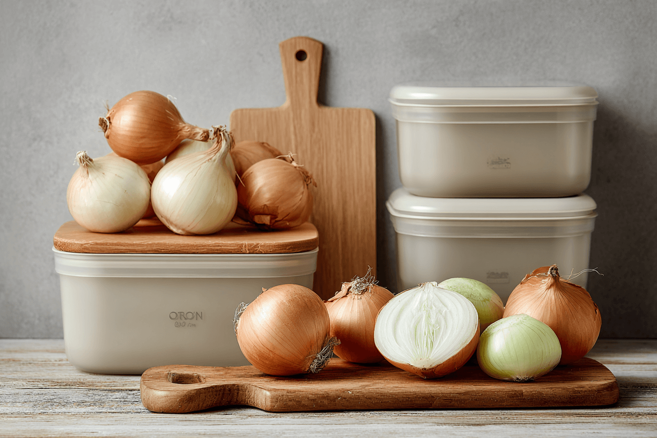 도마-위의-양파들과-용기에-담긴-양파