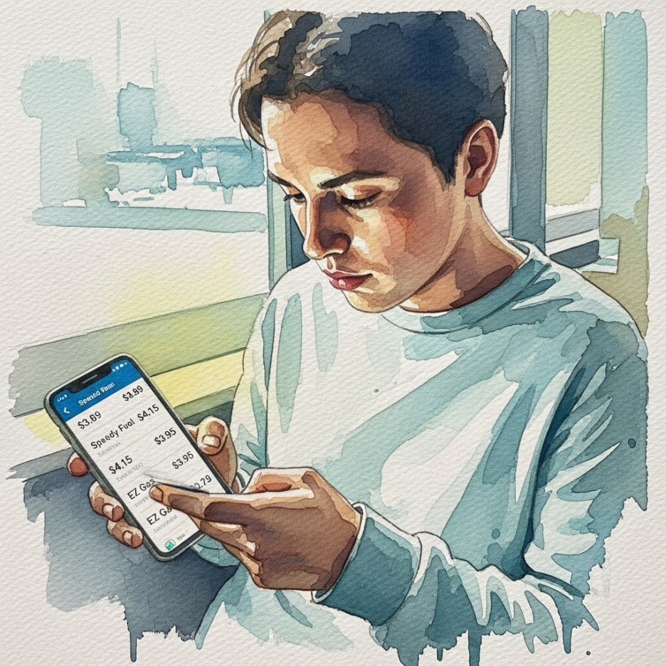 스마트폰 앱으로 주변 주유소 가격을 비교하는 장면