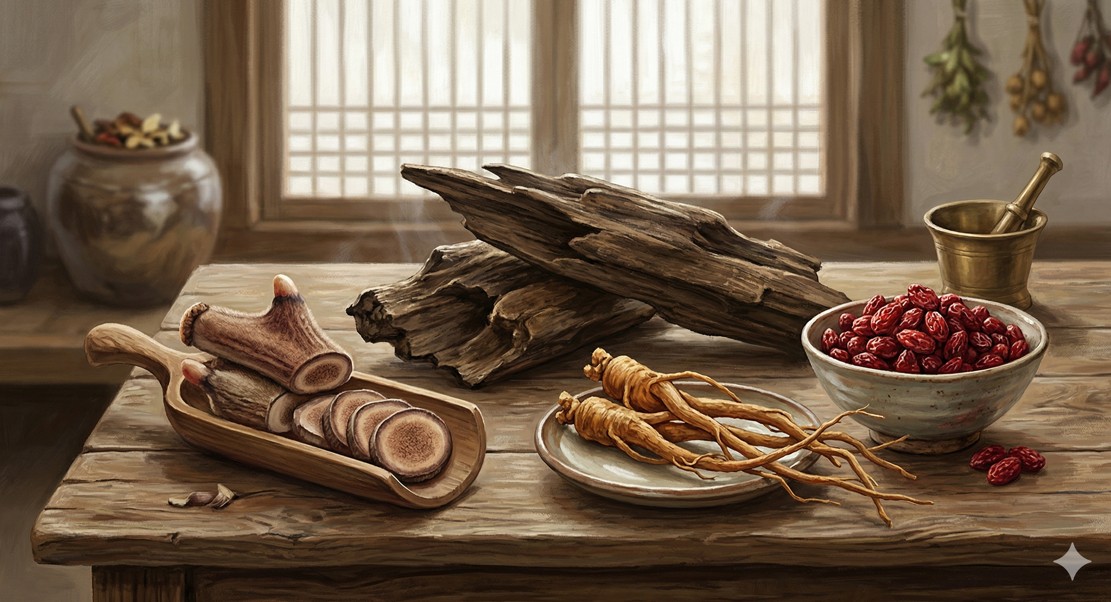 침향환의 부원료인 녹용, 당귀, 산수유가 조화롭게 배치된 원재료 정물화