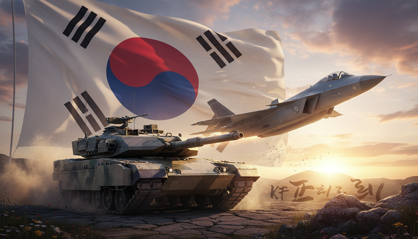 태극기를 배경으로 위용 있게 서 있는 K2 전차와 상공을 비행하는 KF-21 보라매 전투기의 강렬한 모습