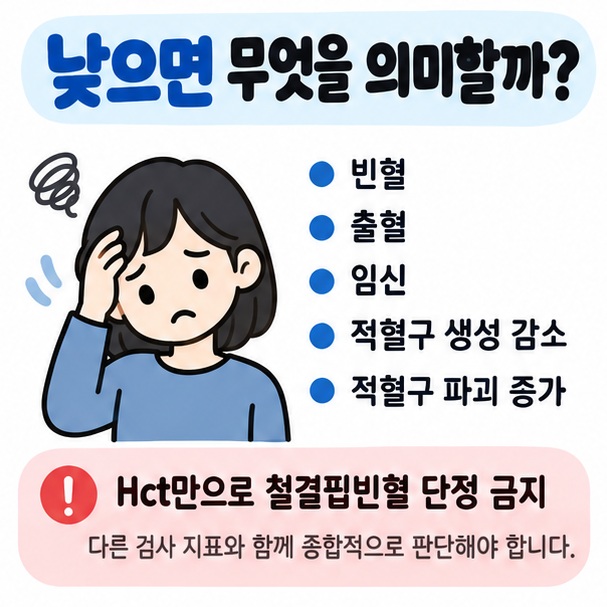 빈혈 출혈 임신 적혈구 생성 감소 적혈구 파괴 증가 등 hematocrit 수치가 낮은 원인을 정리한 이미지