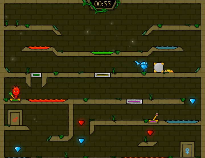 불물게임-2인용-게임하기-5-엘레먼트-플레이-소녀가-네모-박스로-노란색-버튼을-고정-시키는-화면