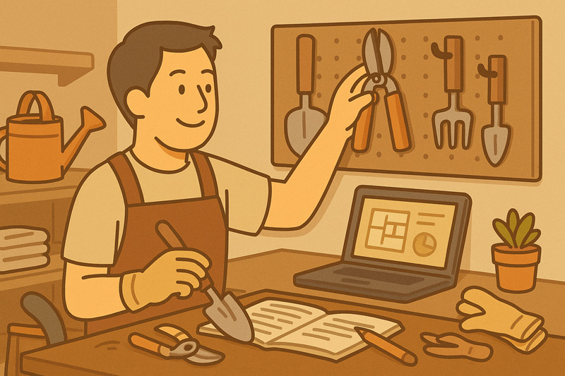 남성이 조경 도구가 걸려 있는 정비 공간에서 모종삽과 가위를 정리하며 책상 위 노트에 정리하는 모습