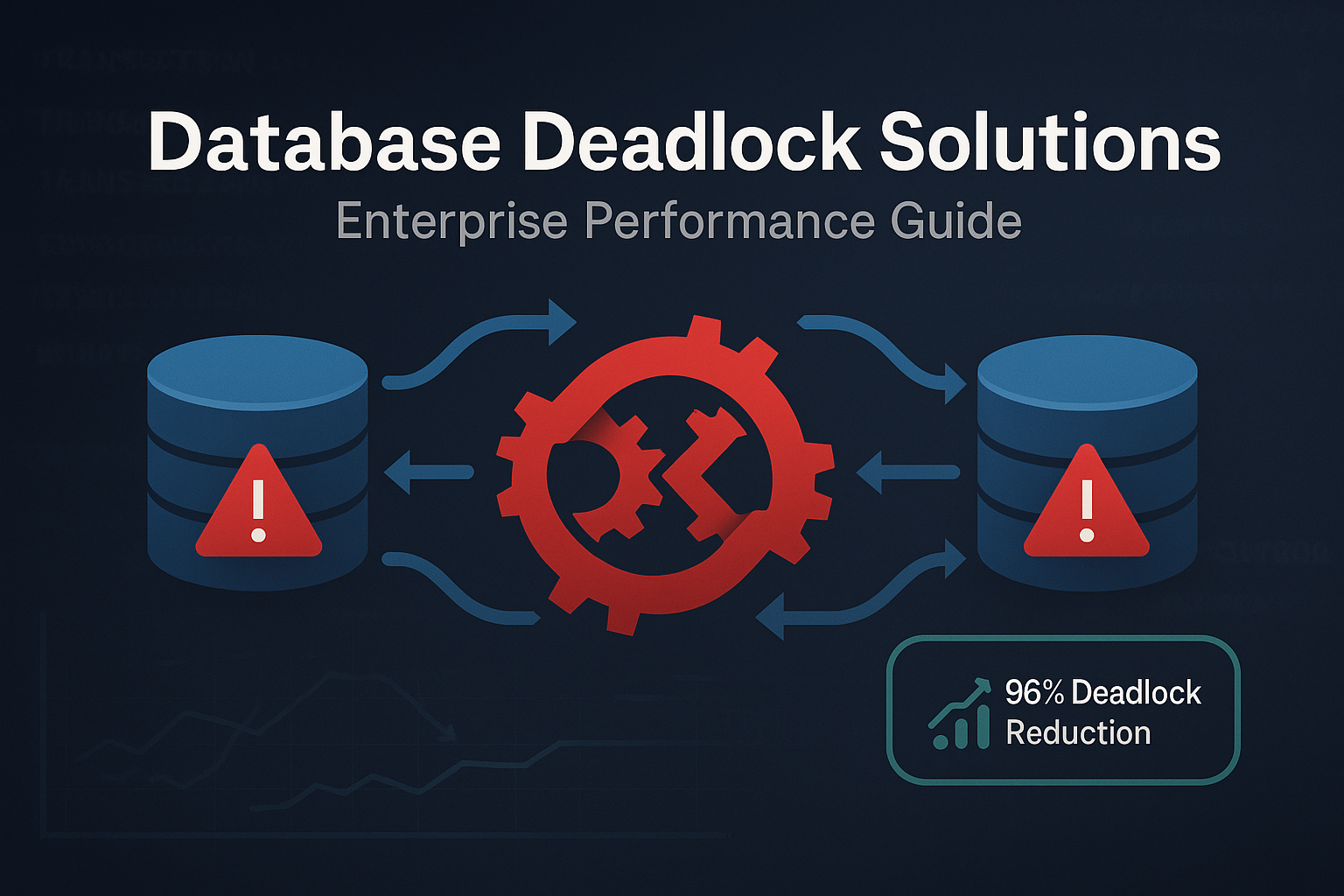 Database transaction deadlock prevention guide thumbnail featuring circular dependency diagram, MySQL performance optimization before/after charts, and practical SQL solution examples