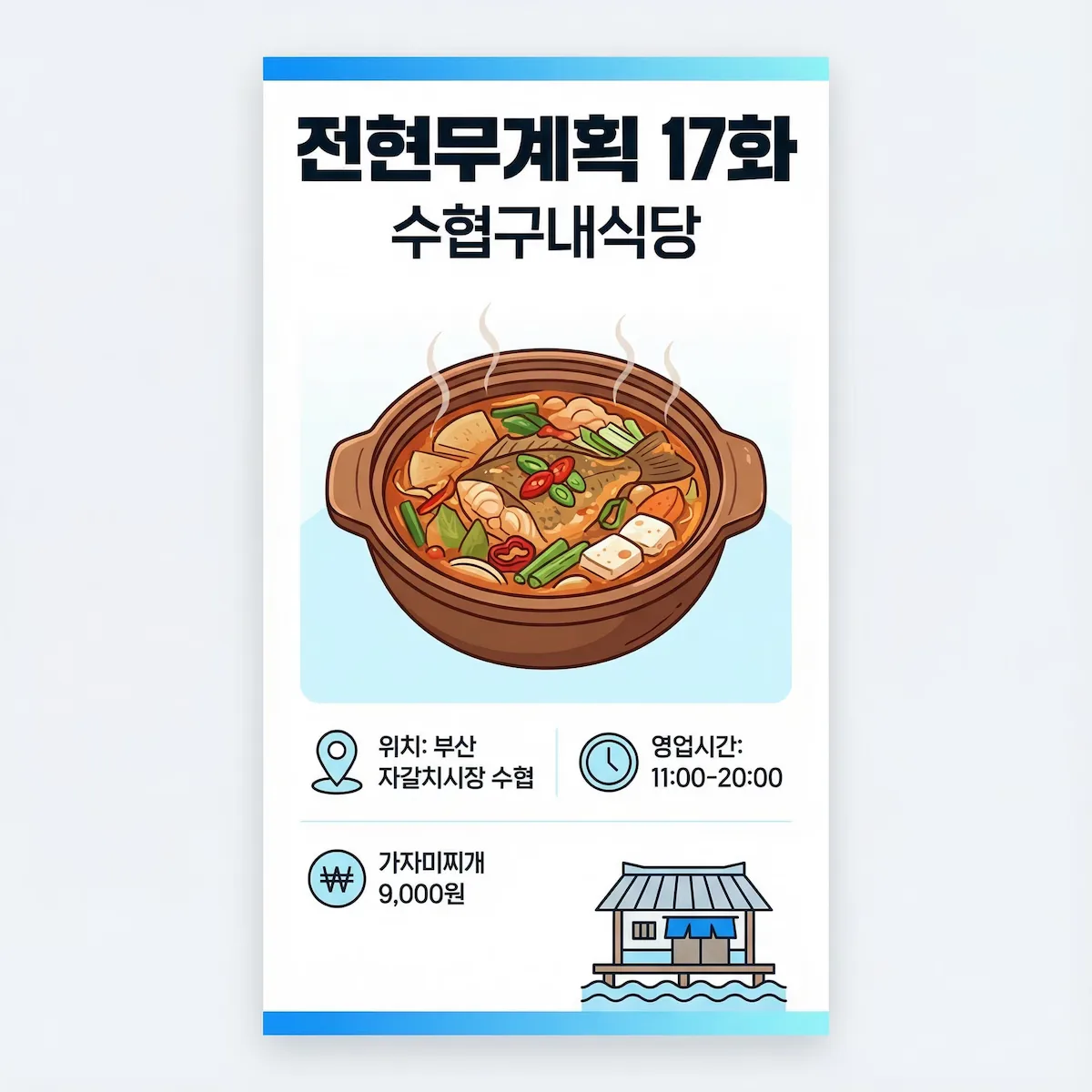 전현무계획 17화 수협구내식당 대표이미지로, 부산 자갈치시장 수협 위치와 영업시간(11:00~20:00), 가자미찌개 9,000원 정보를 안내합니다.