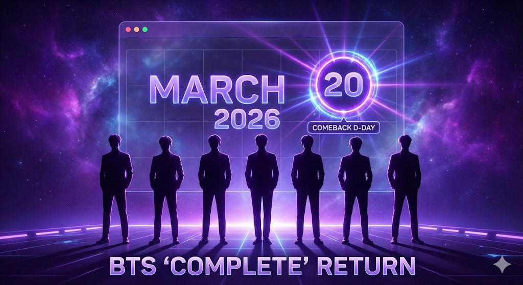 BTS 멤버들의 실루엣과 2026년 달력의 3월 20일이 강조된 인포그래픽
