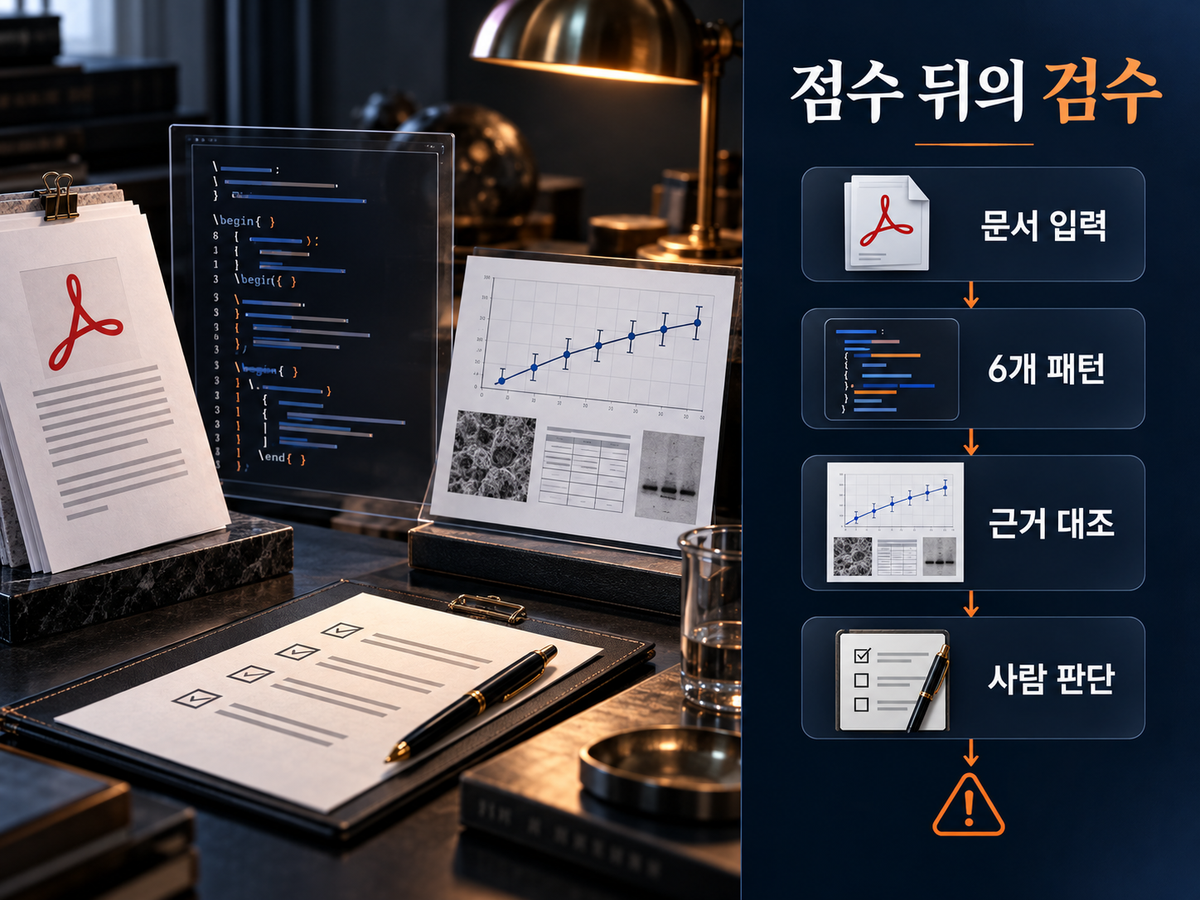 문서 입력부터 6개 패턴 검사·근거 대조·사람 판단까지의 SciSlop 검수 순서