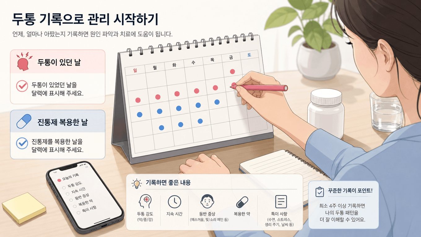두통약 복용일수를 달력에 기록하는 장면