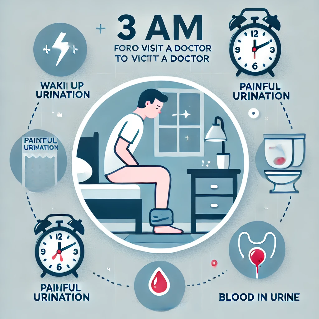 빈뇨로 병원을 가야 하는 증상을 보여주는 이미지 - 새벽 시간 시계, 밤에 깨는 사람, 통증, 혈뇨