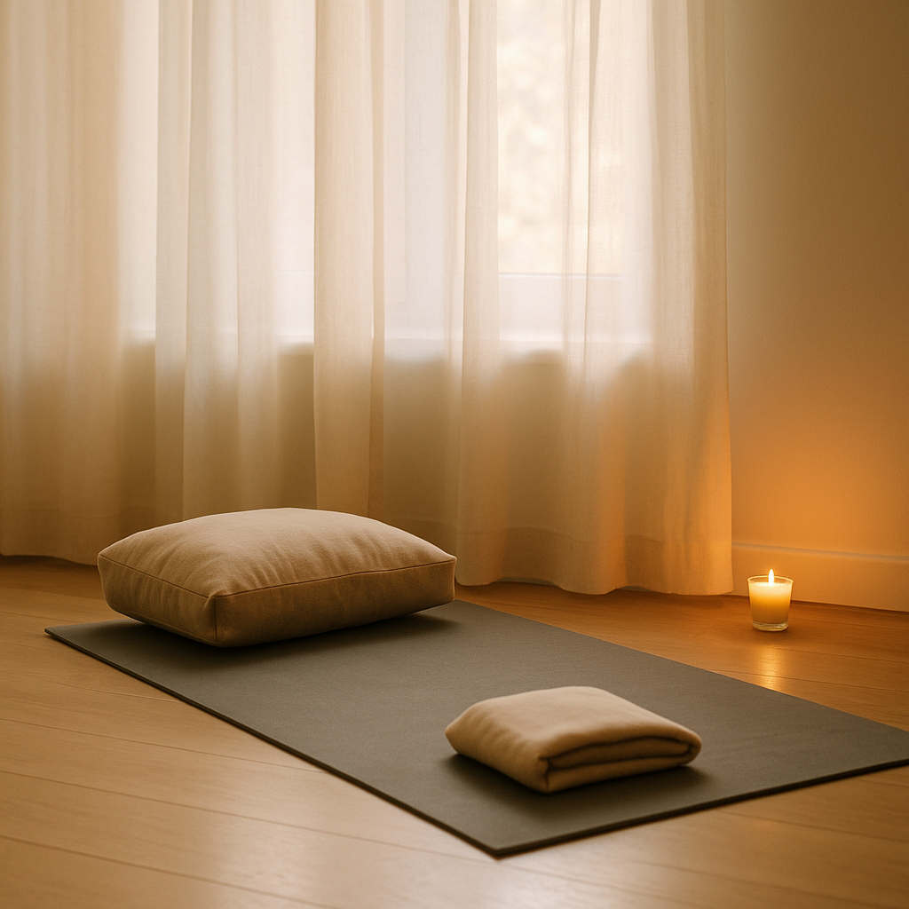 햇살이 들어오는 방에 쿠션과 향초가 있는 고요한 명상 공간