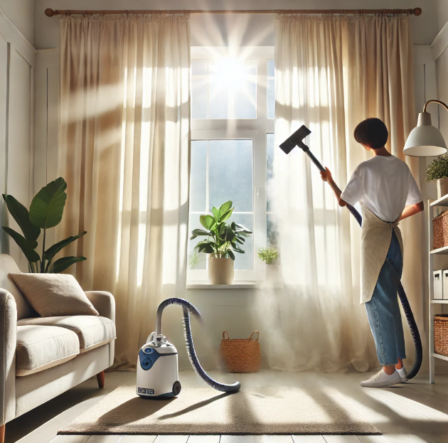 커튼을 청소기로 청소하는 사람