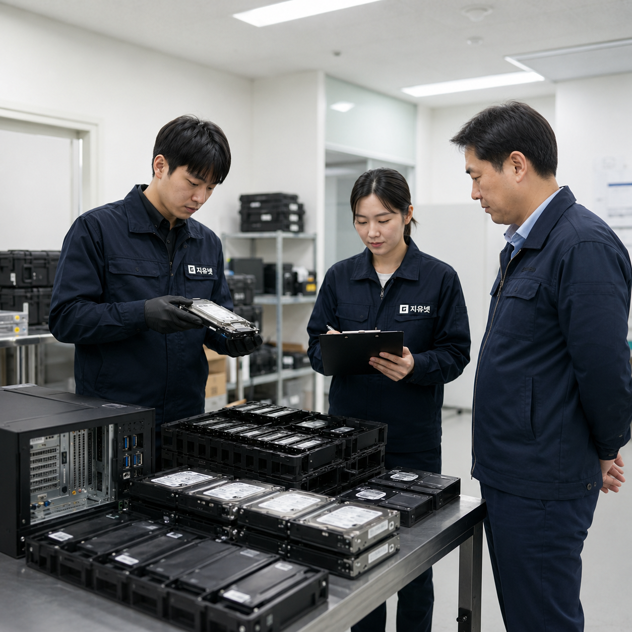 HDD&middot;SSD가 반출용 박스에 담기기 전, 책상 위에서 수량과 라벨을 확인하는 장면.