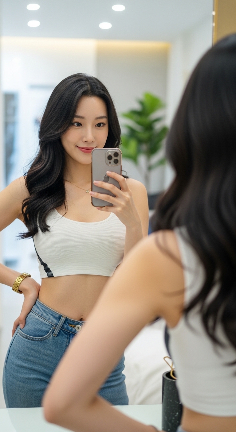 거울 셀카를 찍으며 자신의 코디에 만족해하는 여성의 모습