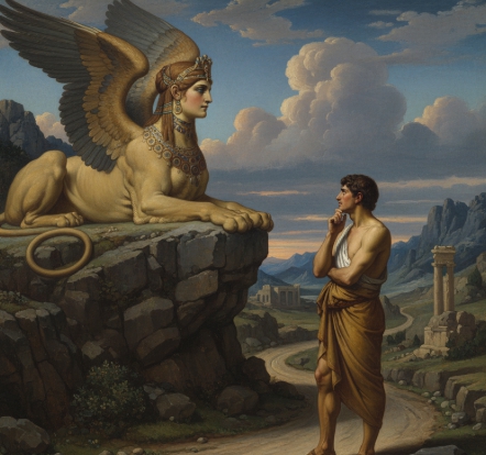 절벽 위에서 오이디푸스에게 수수께끼를 내는 스핑크스 일러스트