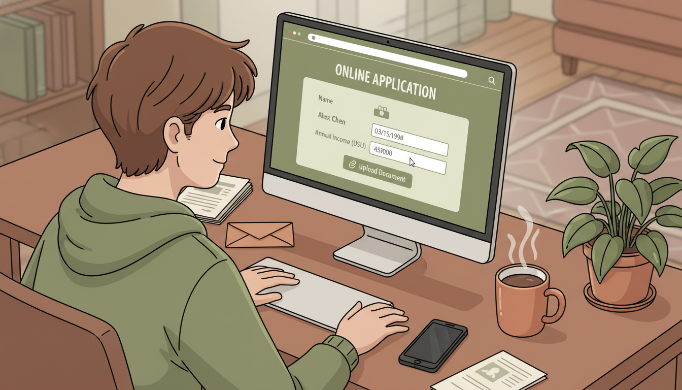 청년이 노트북으로 2026년 식비 지원 온라인 신청서를 작성하고 서류를 업로드하는 모습, 효율적인 온라인 신청 과정 강조