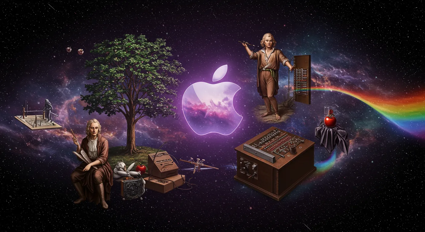 사과나무 아래의 뉴턴과 한입베어먹은 사과이미지