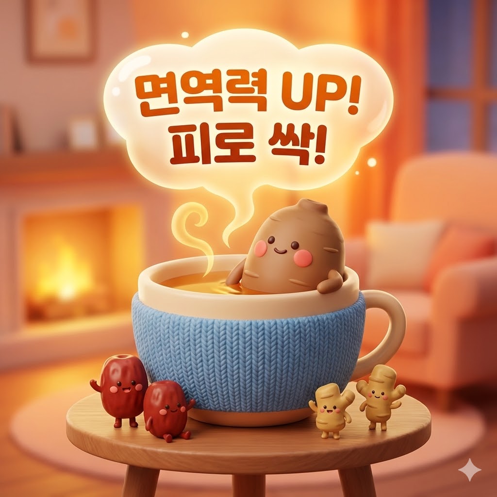 따뜻한 황기차를 마시며 면역력을 높이고 피로를 회복하는 귀여운 황기 캐릭터, 활력 넘치는 건강 차 이미지