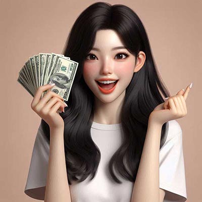 많은 돈을 들고 기뻐하는 여성
