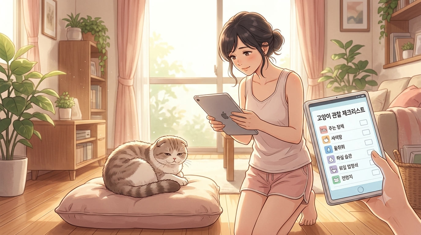 고양이 잠자리 및 수면 상태 관찰 체크리스트를 확인하는 집사