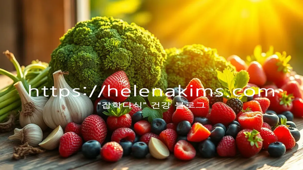 나무 탁자 위에 브로콜리, 딸기, 블로베리, 마늘 등 싱싱한 채소와 과일들이 놓여 있는 모습.