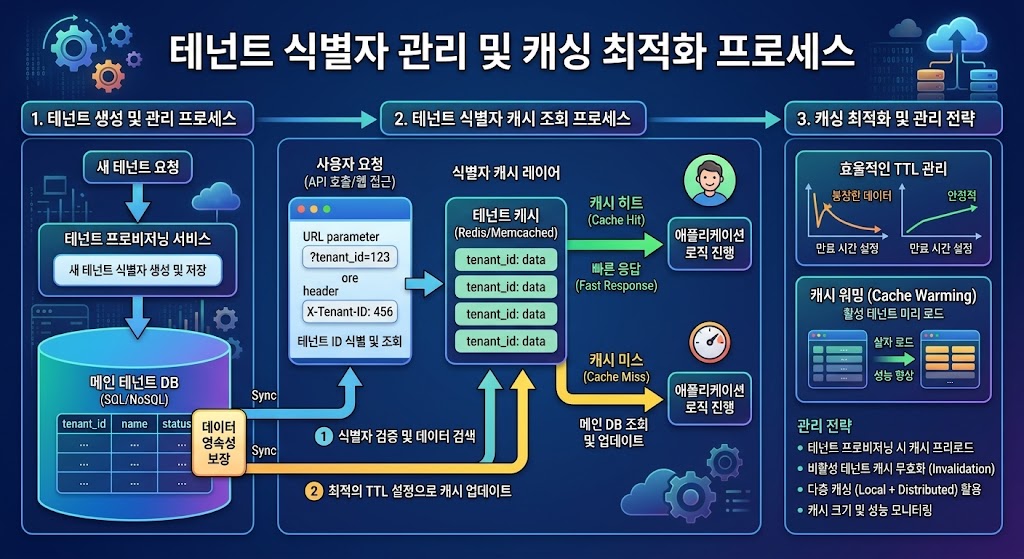 AWS Lambda 와 Redis 를 활용한 테넌트 식별자 생성 및 캐싱 전략을 시각화한 운영 최적화 플로우차트