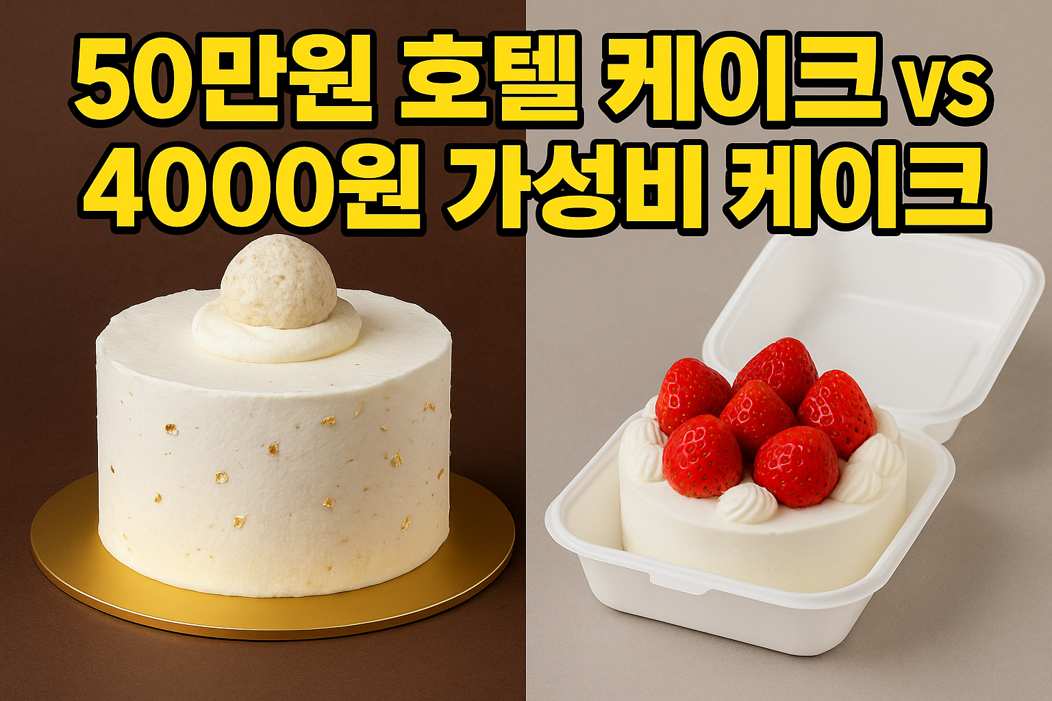 화이트 트러플 호텔 케이크와 편의점 가성비 케이크의 대비를 보여주는 이미지