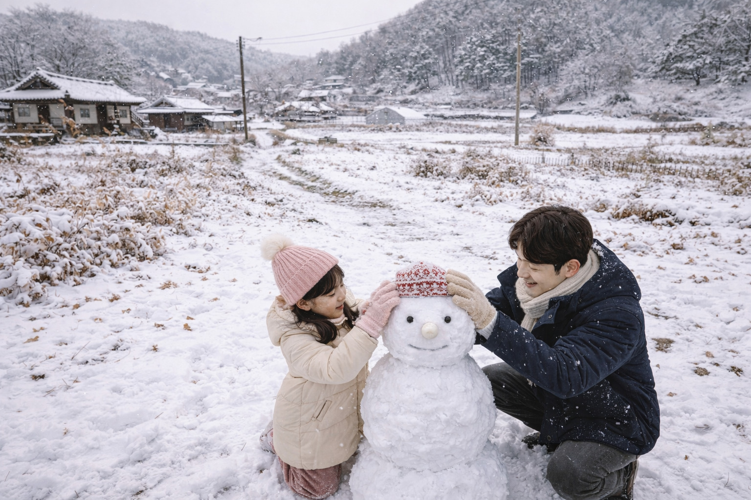 시골 마을의 겨울 풍경 속에서 아빠와 7살 딸이 동그란 눈사람 코를 붙이며 함께 눈사람을 만드는