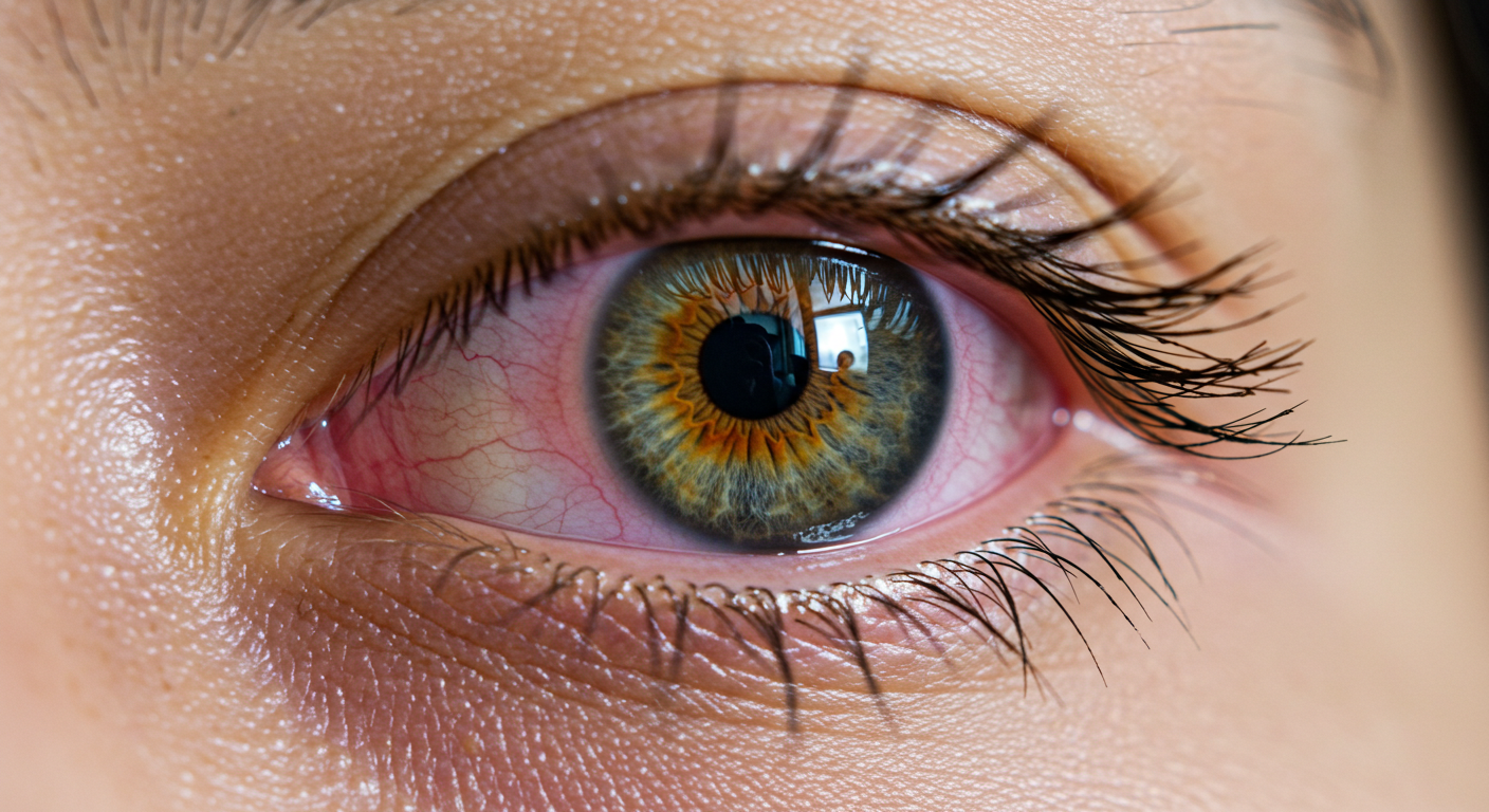 알러지성 결막염으로 고통받는 사람의 눈 클로즈업