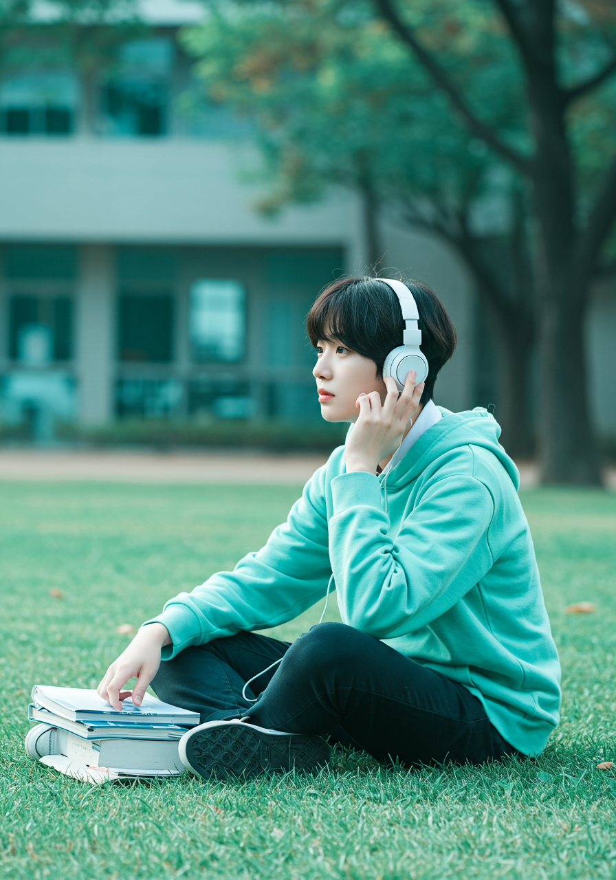 남자대학생이 캠퍼스 잔디밭에 앉아서 헤드셋을 머리에 착용하고 음악을 듣고 있는 이미지