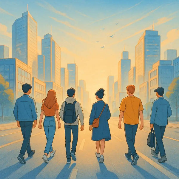 고층 빌딩 사이로 햇살이 비추고, 자유롭고 희망찬 분위기 속에서 각자의 미래를 향해 나아가는 모습을 그린 일러스트