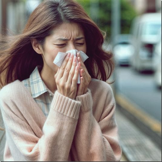 용각산쿨 효능 기침 개선, 길거리에서 기침하는 여성 사진