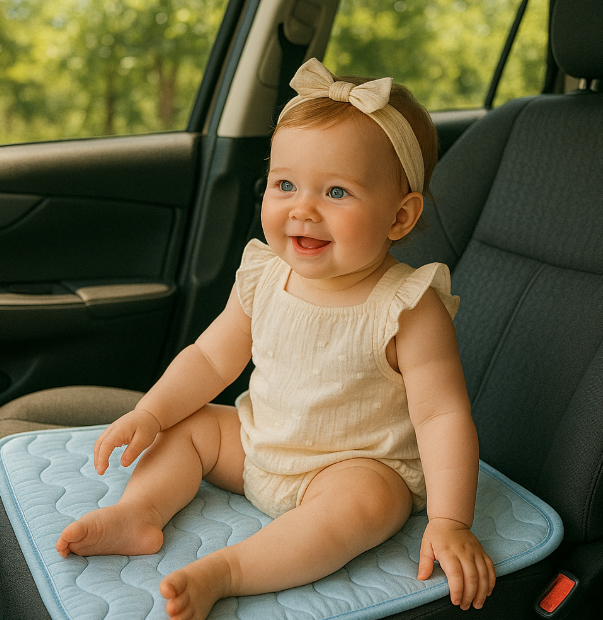 더운여름 쿨매트 위에 앉아있는 아기 사진