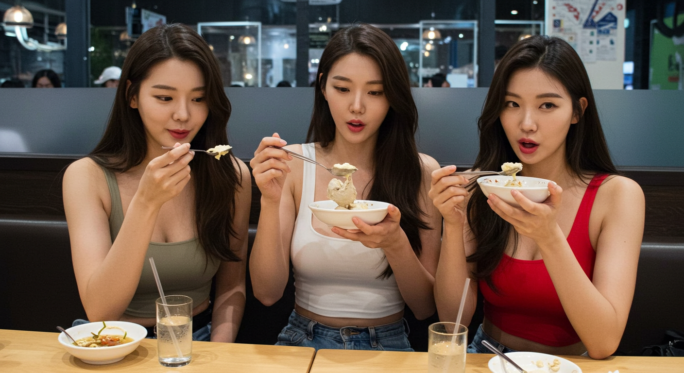 백숙을 먹고있는 여성들