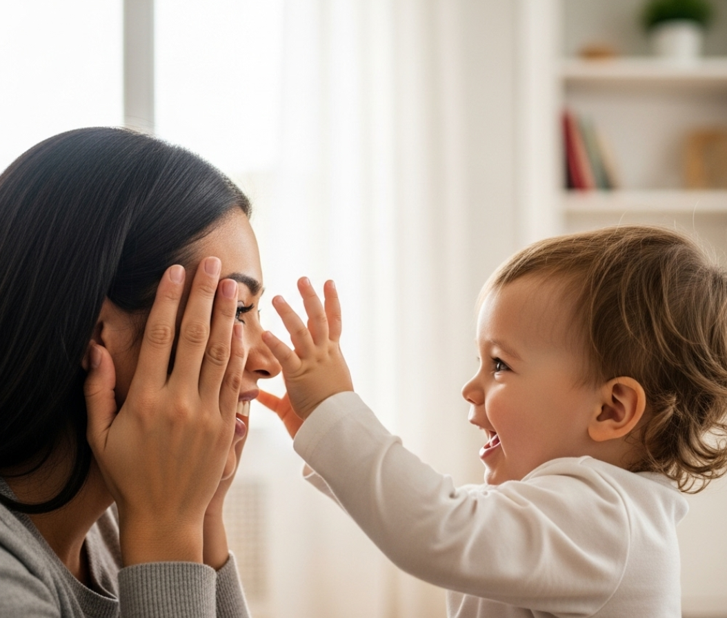 엄마랑 아이가 까꿍놀이 하고 있는 모습